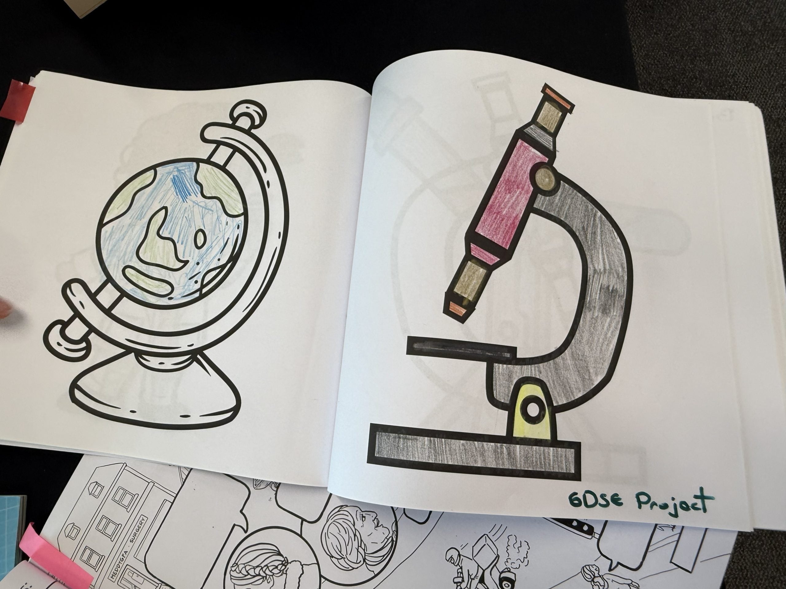 Figure 4. Earth globe and microscope coloured by children on their graduation day from Primary School. Photo: Dr (PhD) Diana Contreras.